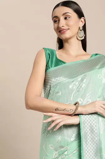 green green floral silk blend banarasi saree