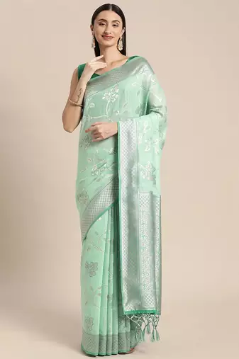green green floral silk blend banarasi saree