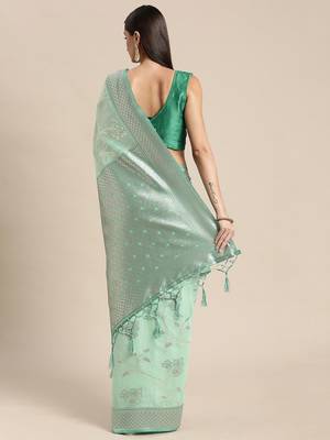 green green floral silk blend banarasi saree 3
