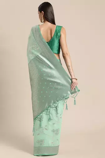 green green floral silk blend banarasi saree