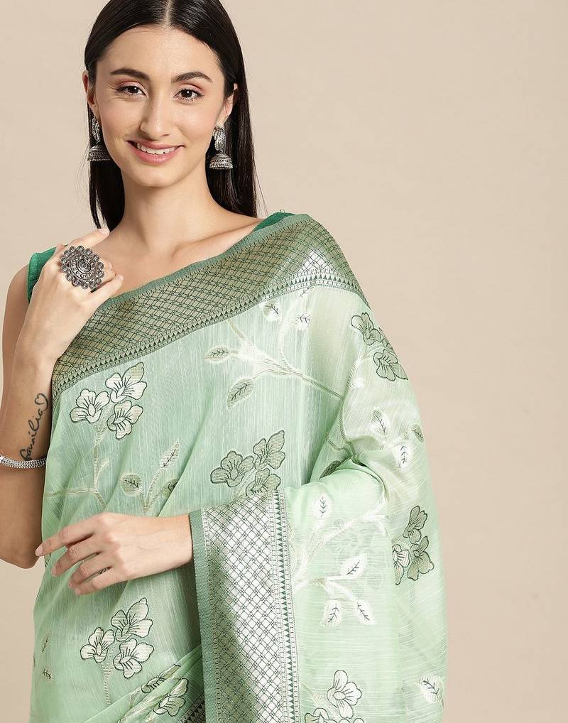 green green floral silk blend banarasi saree