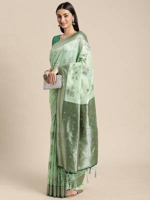 green green floral silk blend banarasi saree 2