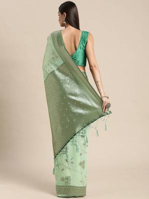 green green floral silk blend banarasi saree 3