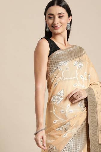beige beige floral silk blend banarasi saree