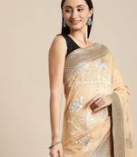 beige beige floral silk blend banarasi saree