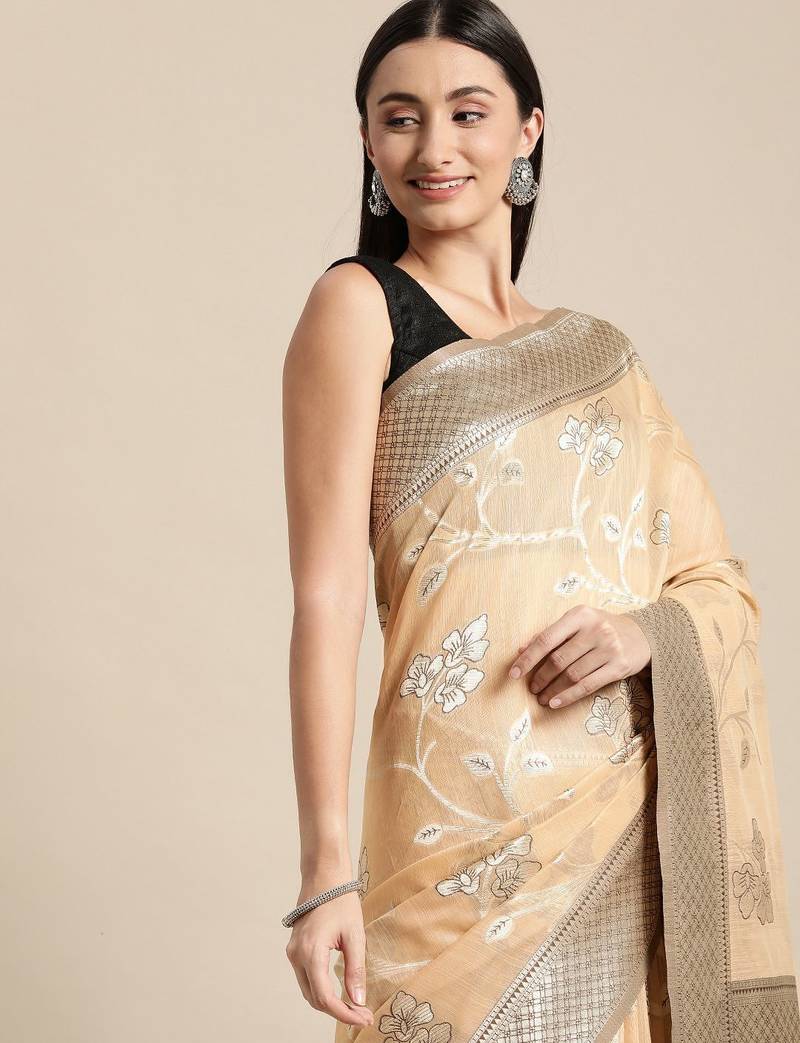 beige beige floral silk blend banarasi saree