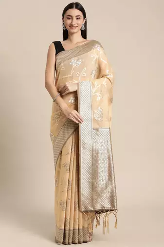 beige beige floral silk blend banarasi saree