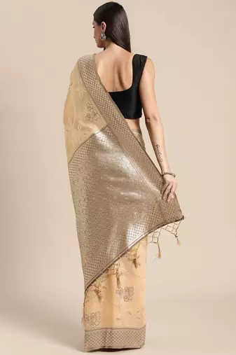 beige beige floral silk blend banarasi saree