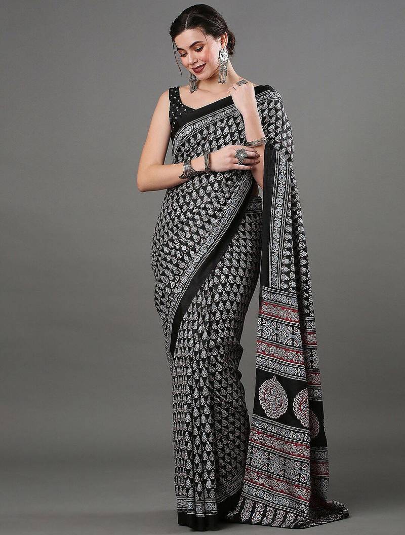 black ethnic motifs printed saree
