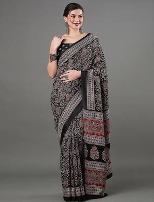 black ethnic motifs ajrak printed saree 1