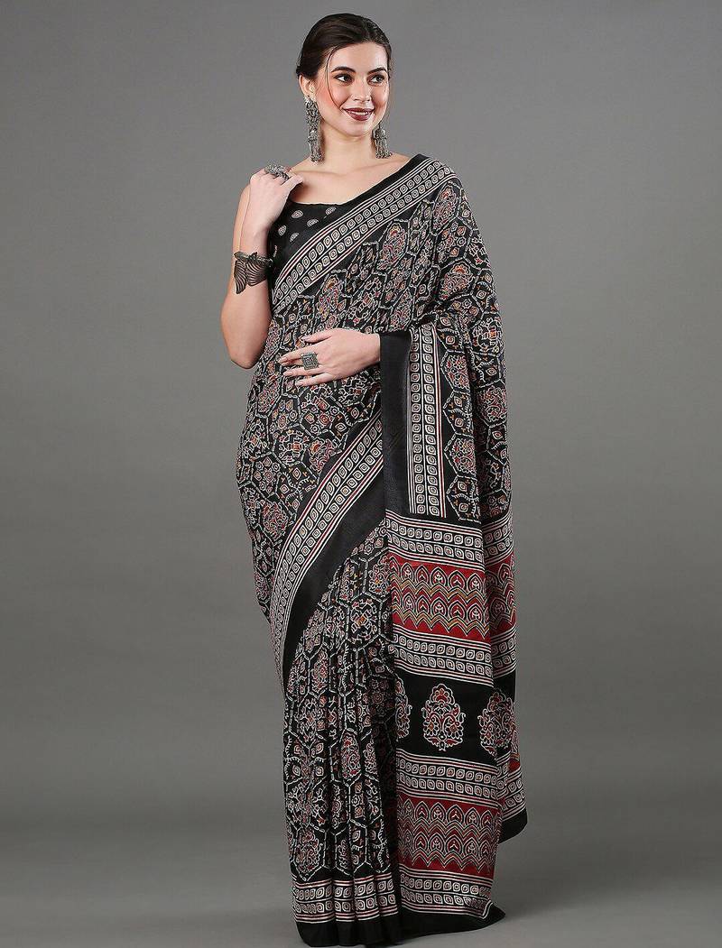 black ethnic motifs ajrak printed saree