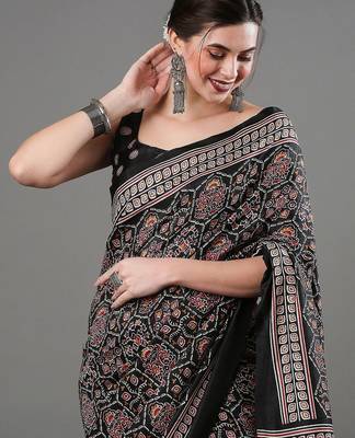 black ethnic motifs ajrak printed saree 4