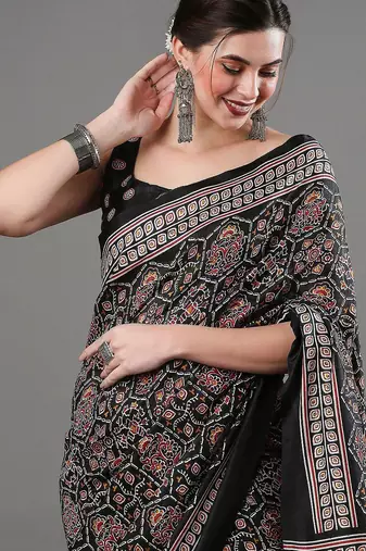 black ethnic motifs ajrak printed saree