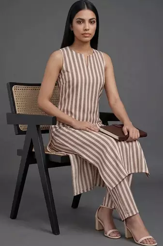 smart women striped kurta with trousers