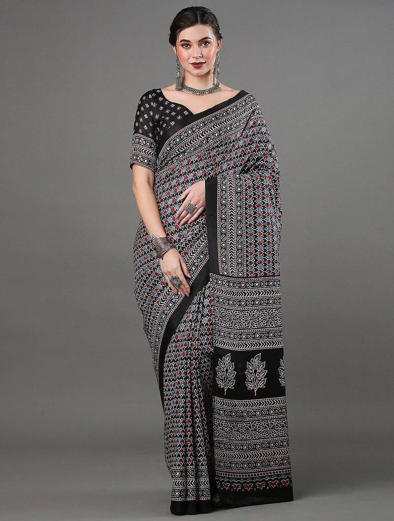 black ethnic motifs ajrak printed saree