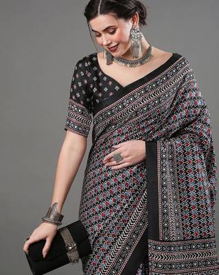 black ethnic motifs ajrak printed saree 4