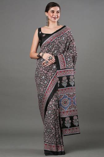 black ethnic motifs ajrak printed silk blend block print saree