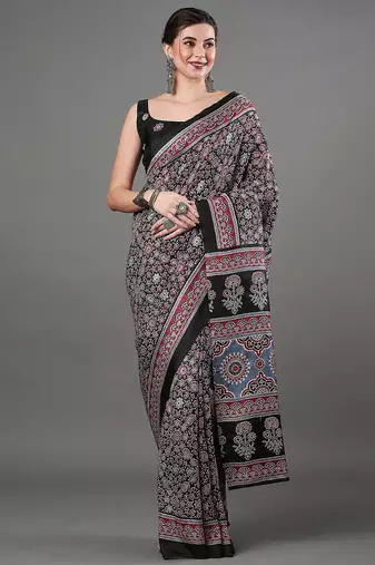 black ethnic motifs ajrak printed silk blend block print saree