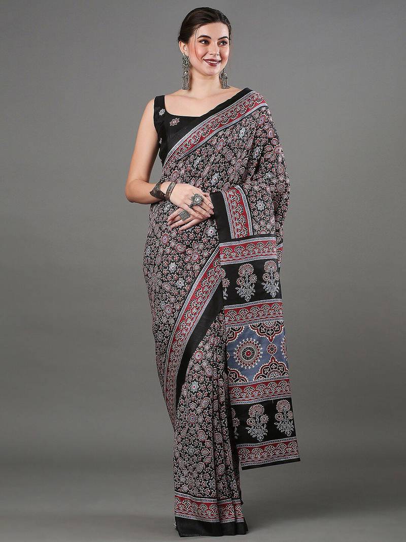 black ethnic motifs ajrak printed silk blend block print saree