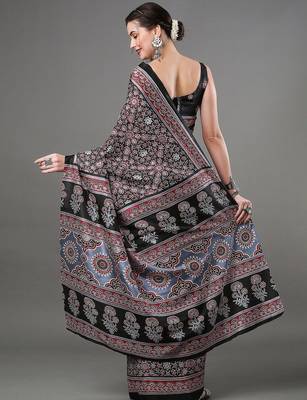 black ethnic motifs ajrak printed silk blend block print saree 2