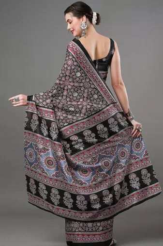 black ethnic motifs ajrak printed silk blend block print saree