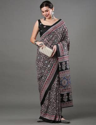black ethnic motifs ajrak printed silk blend block print saree 3