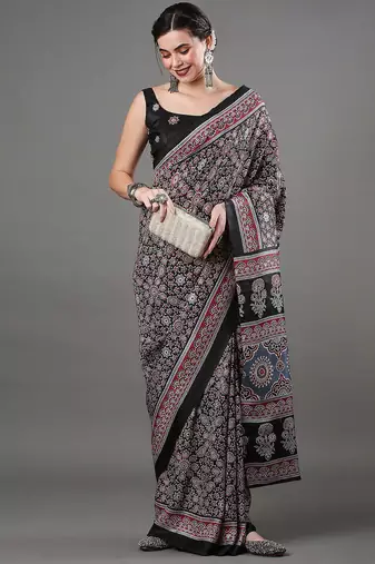 black ethnic motifs ajrak printed silk blend block print saree