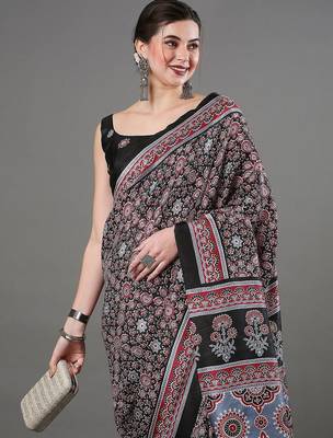 black ethnic motifs ajrak printed silk blend block print saree 4