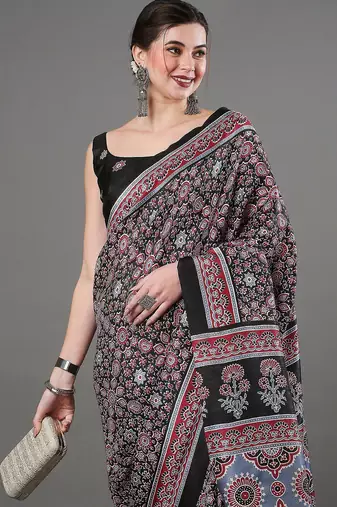 black ethnic motifs ajrak printed silk blend block print saree