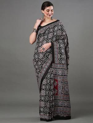 black ethnic motifs ajrak printed silk blend block print saree 1