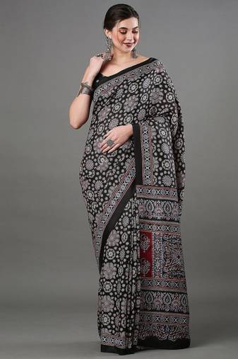 black ethnic motifs ajrak printed silk blend block print saree