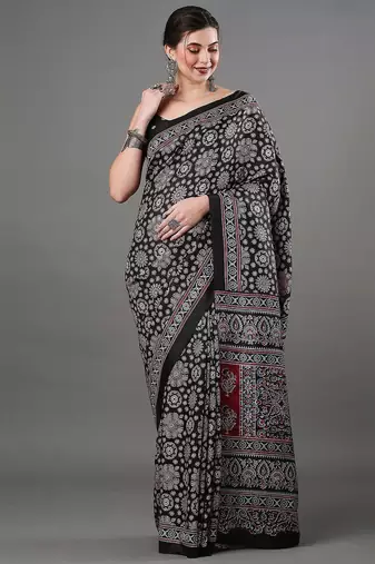 black ethnic motifs ajrak printed silk blend block print saree