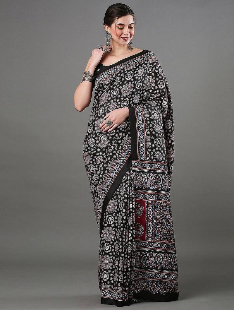 black ethnic motifs ajrak printed silk blend block print saree