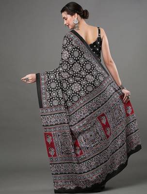 black ethnic motifs ajrak printed silk blend block print saree 2