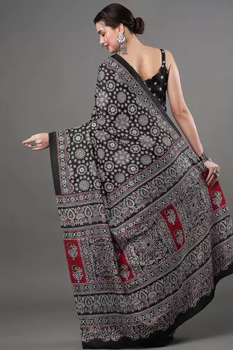 black ethnic motifs ajrak printed silk blend block print saree