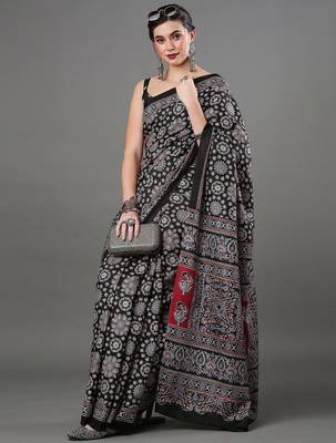 black ethnic motifs ajrak printed silk blend block print saree 3