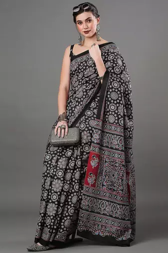 black ethnic motifs ajrak printed silk blend block print saree
