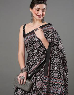 black ethnic motifs ajrak printed silk blend block print saree 4