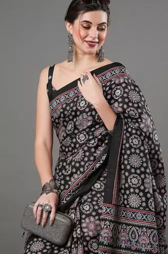 black ethnic motifs ajrak printed silk blend block print saree