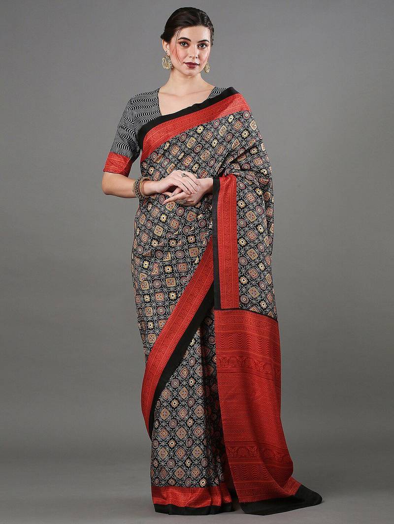 black ethnic motifs ajrak printed saree