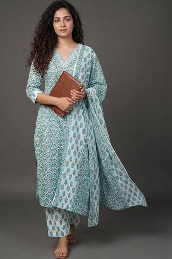 workwear women printed kurta with trousers with dupatta