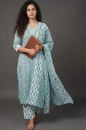 workwear women printed kurta with trousers with dupatta