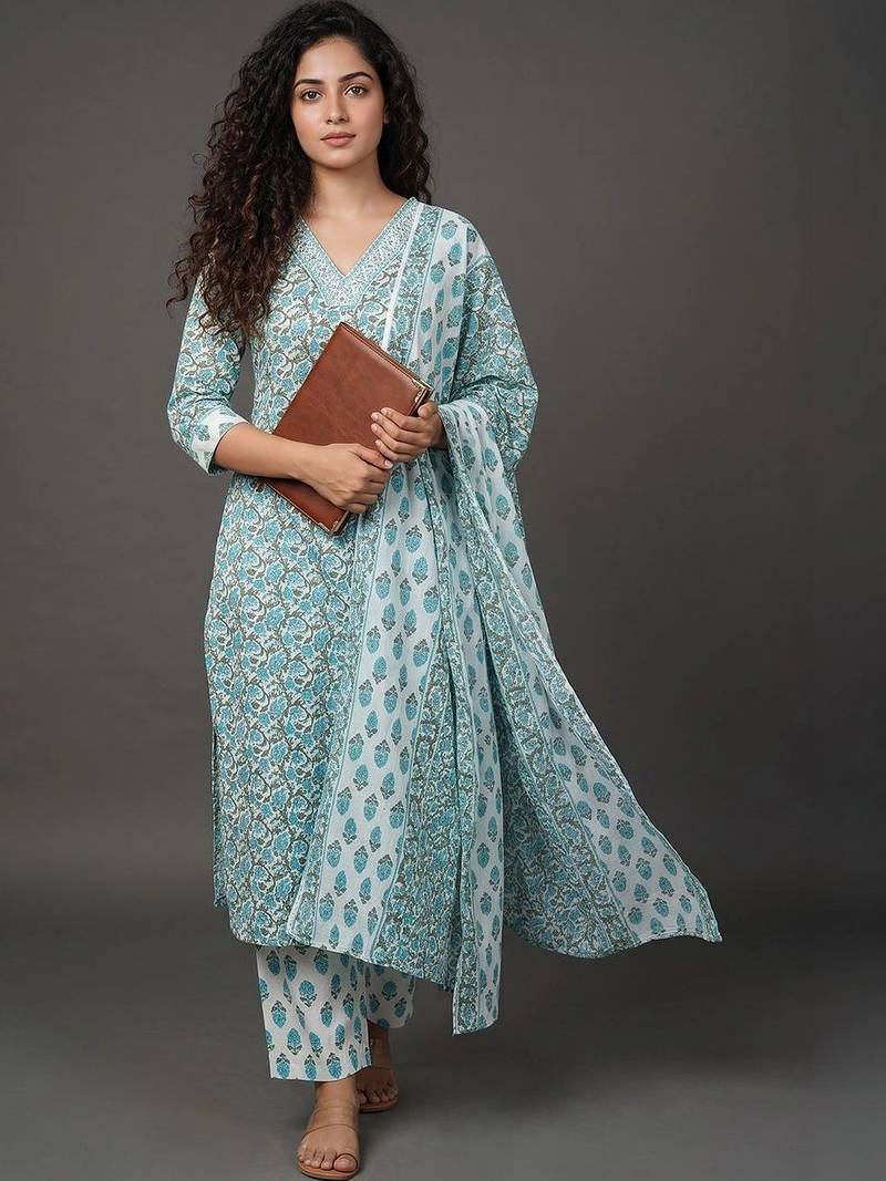 workwear women printed kurta with trousers with dupatta
