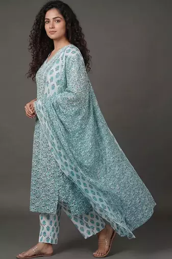 workwear women printed kurta with trousers with dupatta