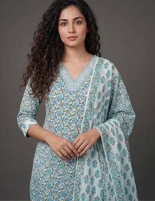 workwear women printed kurta with trousers with dupatta 7