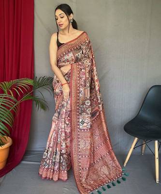 brown ethnic motif printed saree 1