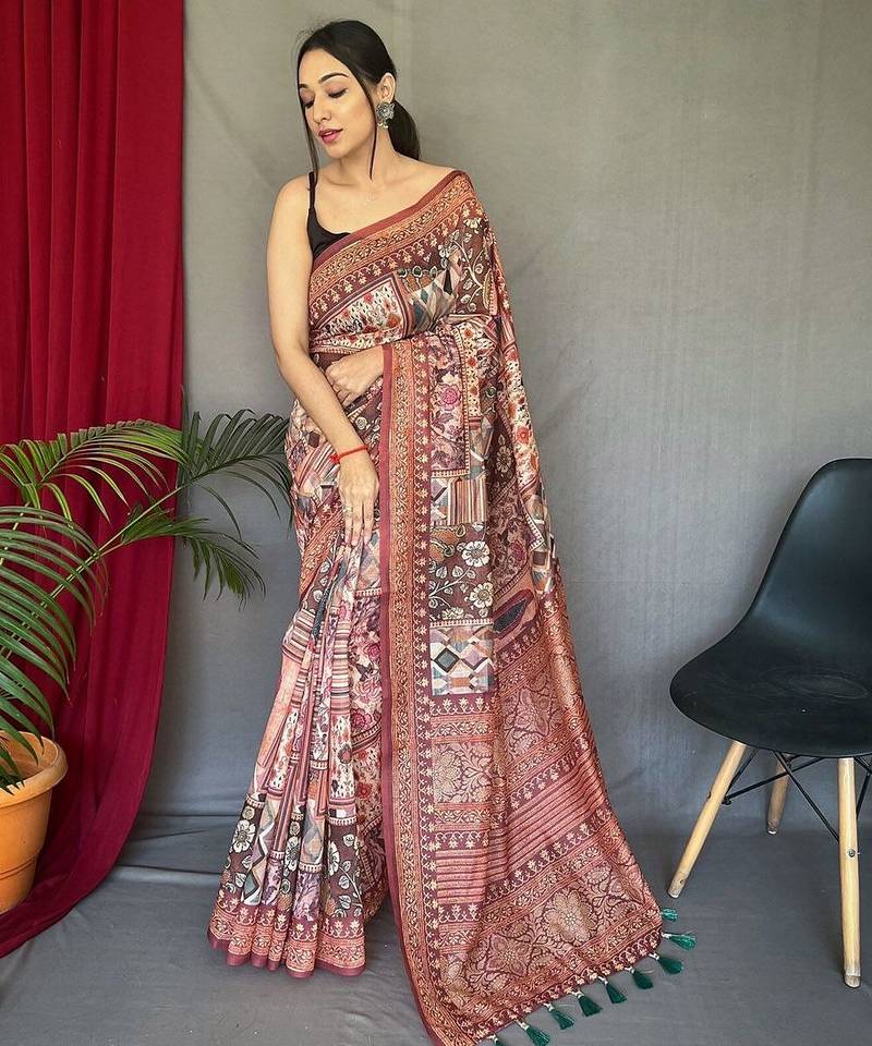 brown ethnic motif printed saree