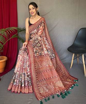 brown ethnic motif printed saree 2