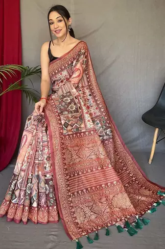 brown ethnic motif printed saree