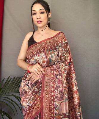 brown ethnic motif printed saree 3